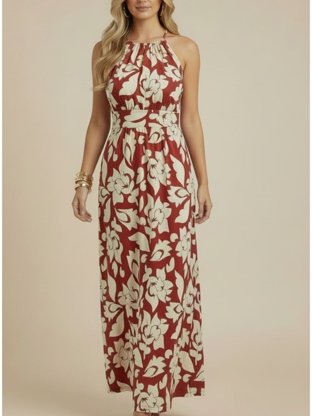 NWT LONDON TIMES Red & Ivory Floral Halter Keyhole Front/Back Maxi Dress Size 6